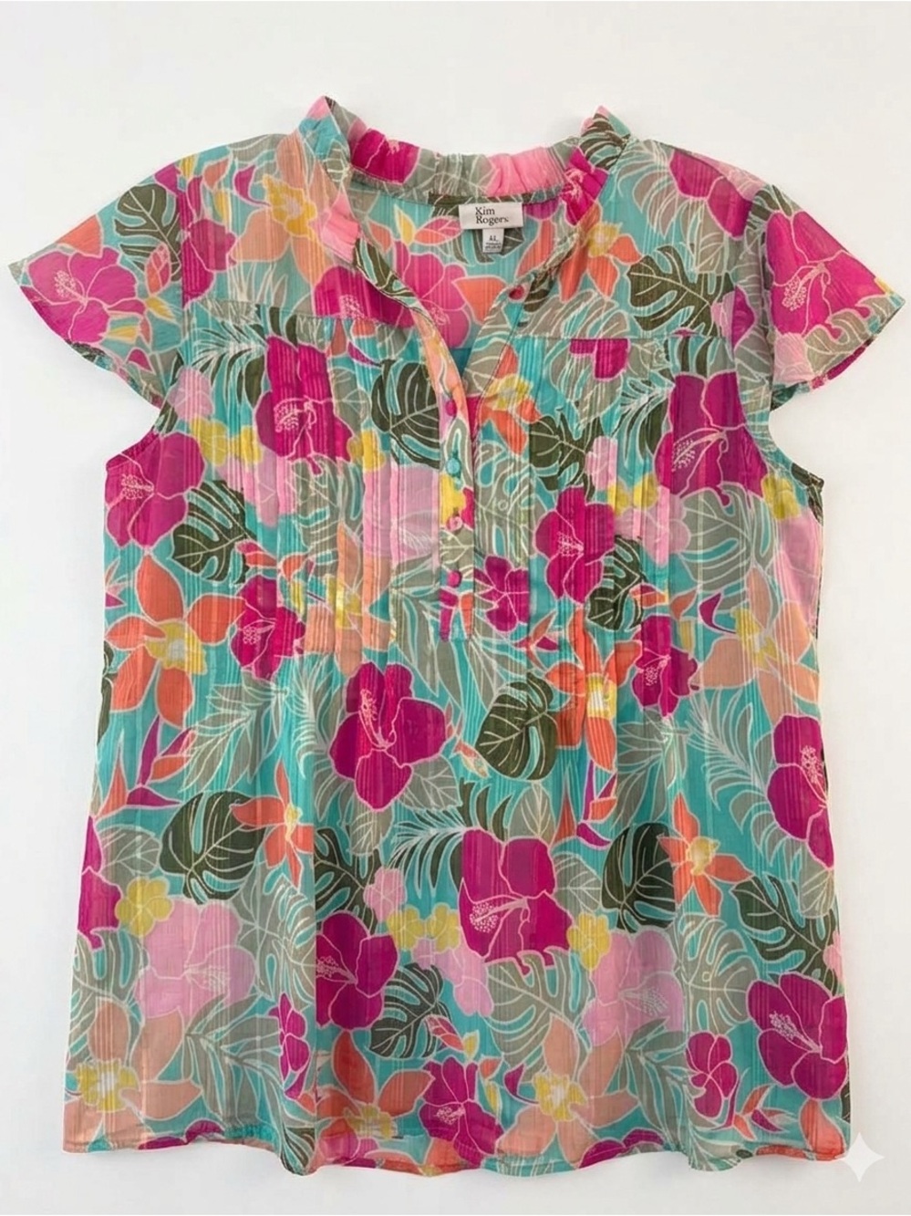 Kim Rogers Pink Teal Floral Pintuck Split-Neck Blouse